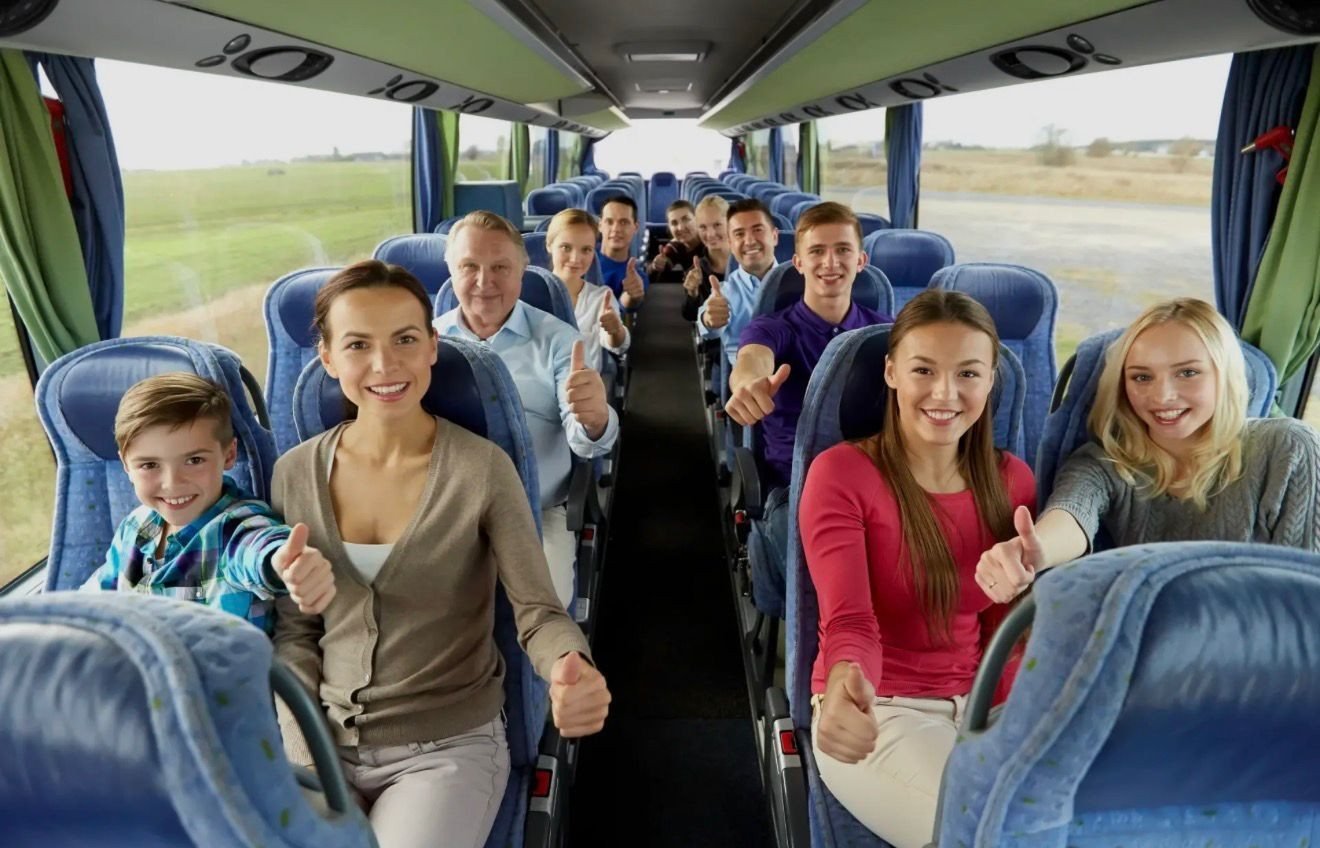 Charter bus on schedule traveling the highway