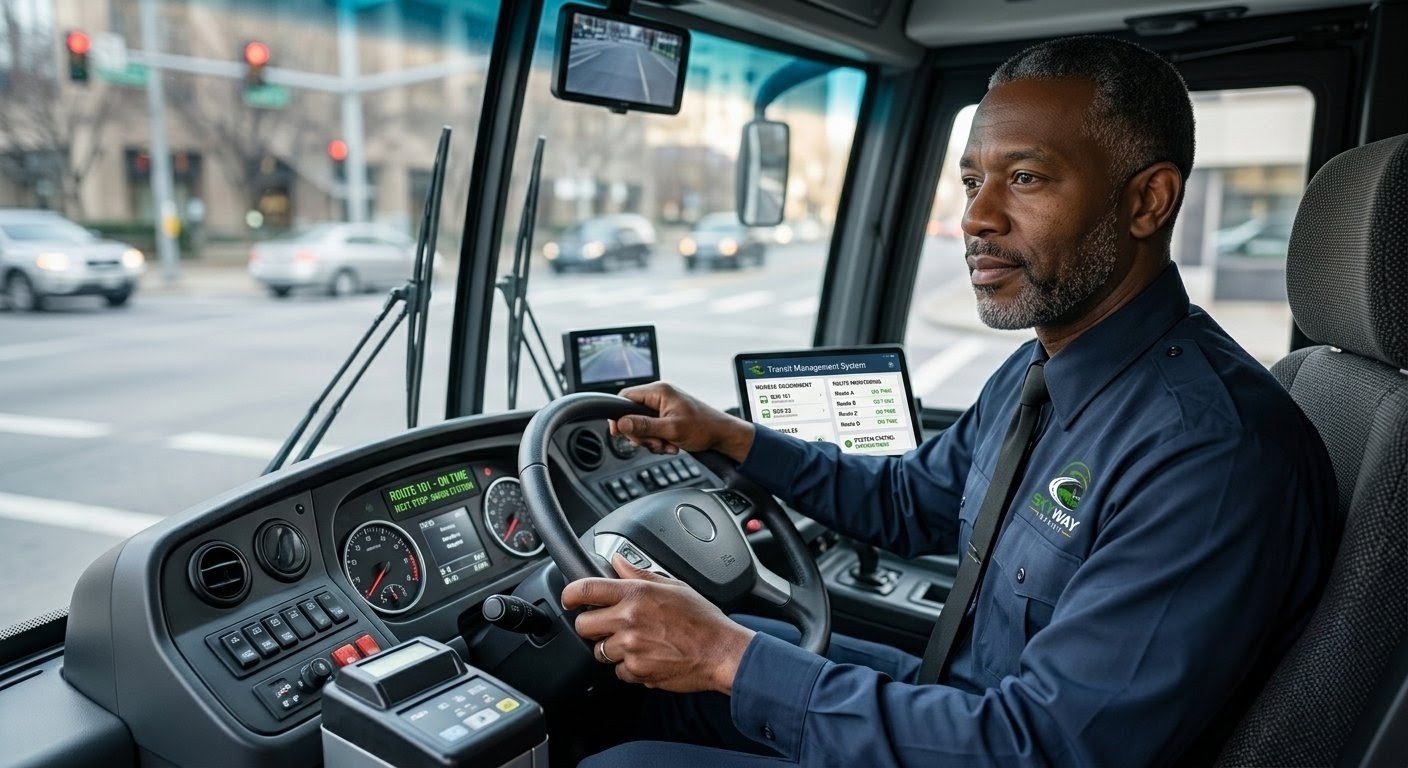 Professional bus driver behind the wheel